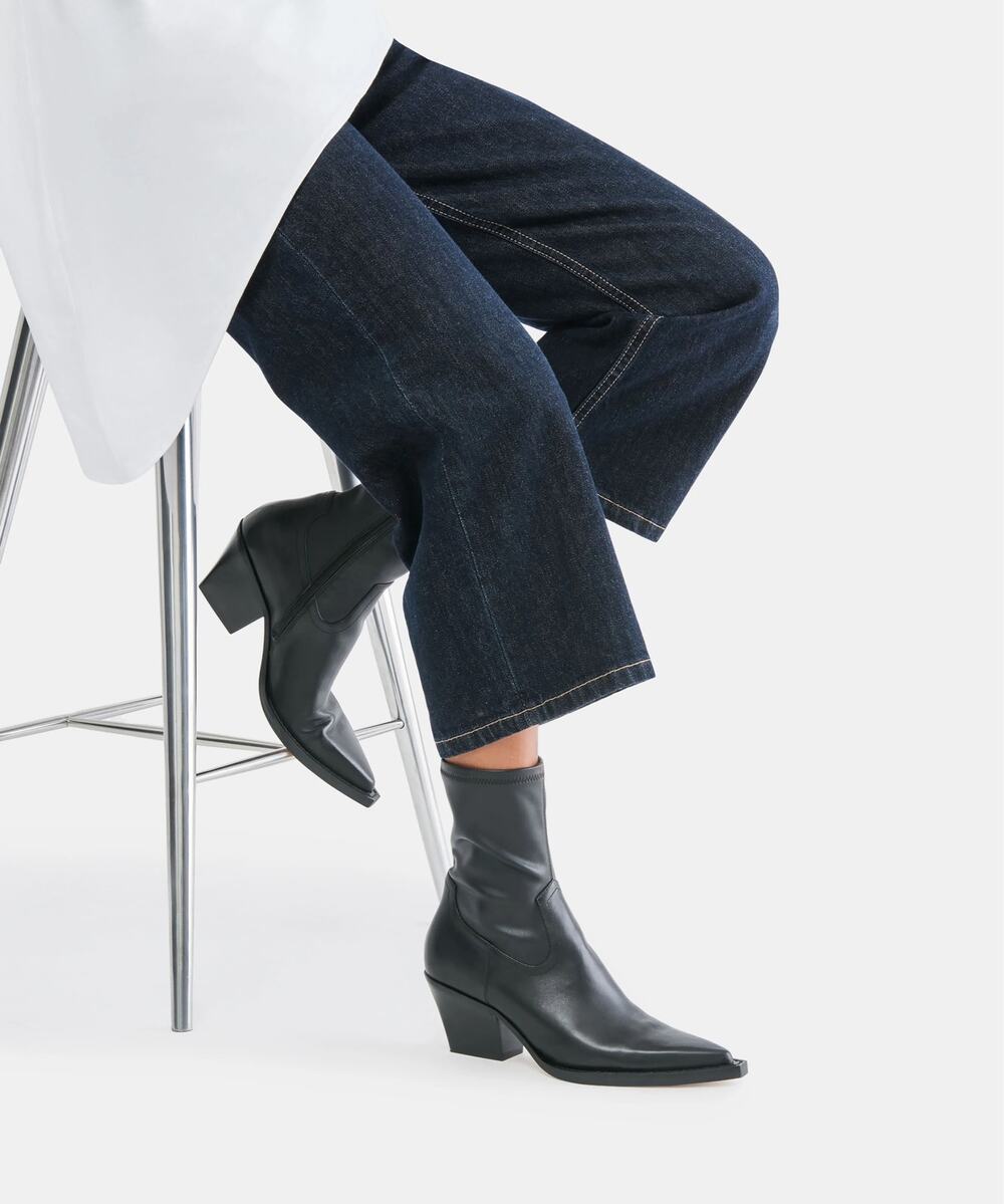 Dolce Vita Rutger Black Leather Western Boots Pointed Toe Block Heel Mid Calf 11